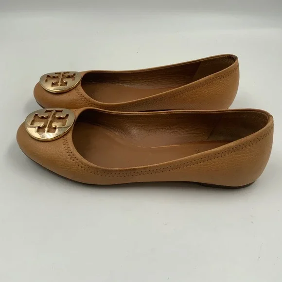 Tory Burch Tan Leather Ballet Flats with Gold Logo Medallion - Classic - Picture 2 of 9